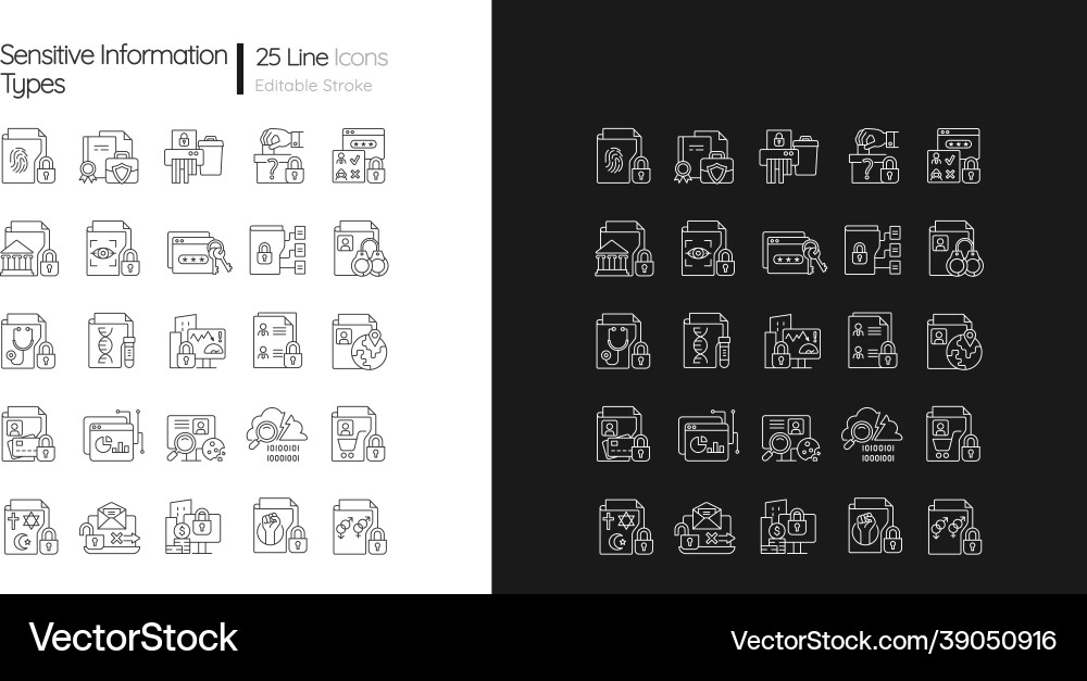 Sensitive information types linear icons set Vector Image