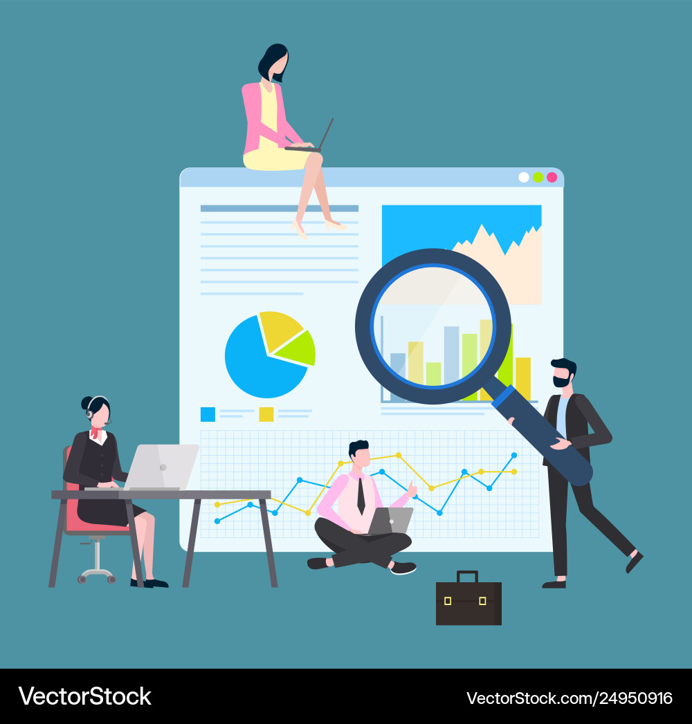 Statistic and data on monitor people working Statistic and data on monitor people working vector image