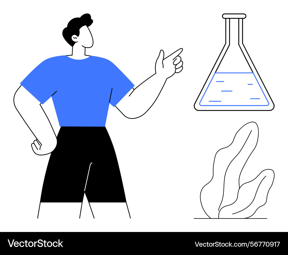 Researcher pointing at a filled lab flask Researcher pointing at a filled lab flask Vector Image