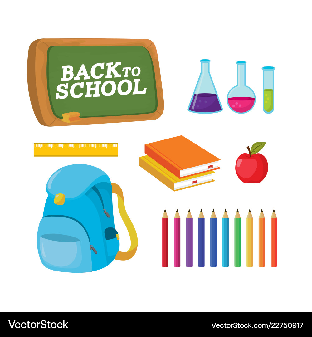 Set blackboard with erlenmeyer flask and books vector image