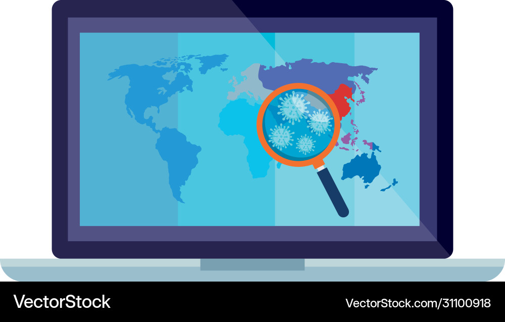 Earth map with covid19 particles and magnifying Earth map with covid19 particles and magnifying vector image