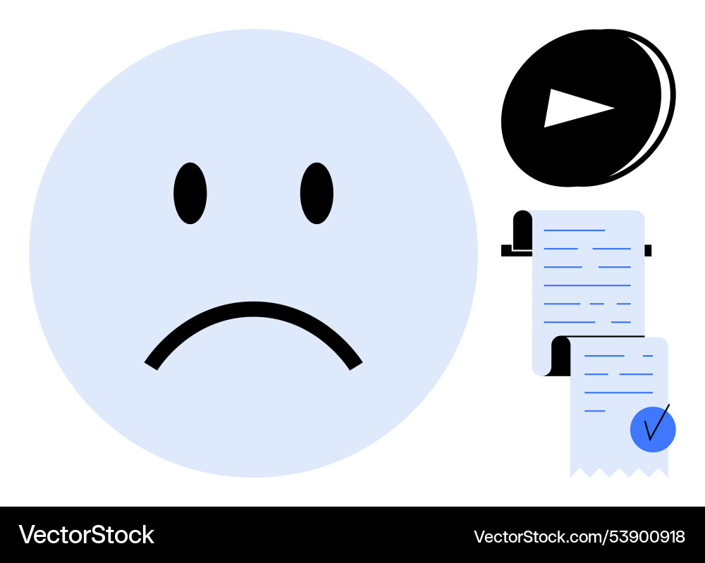 Sad face with documents and play button Sad face with documents and play button vector image