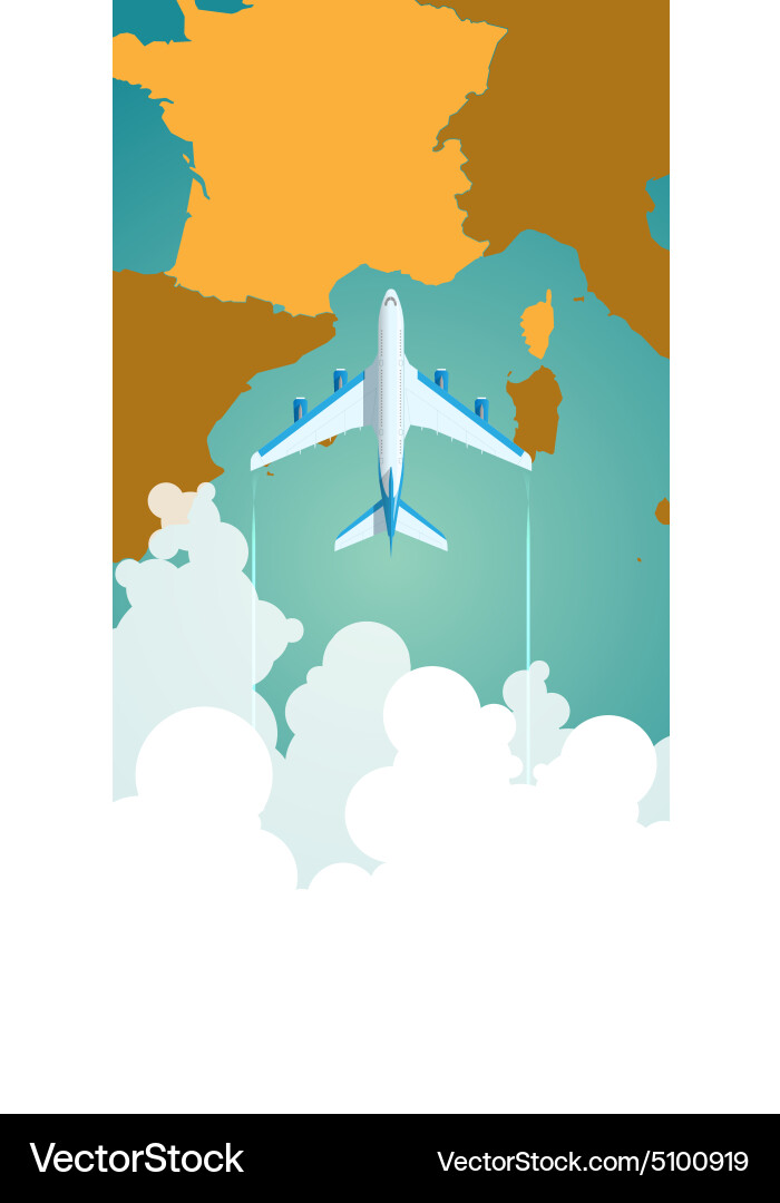Airplane flying through clouds above the map Vector Image