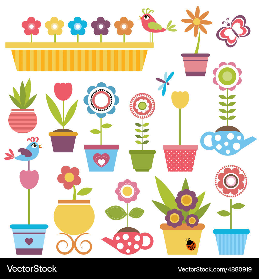 Colorful Spring Flowers in Pots vector image