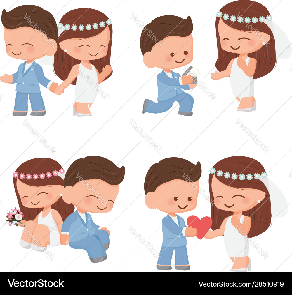 Süße Cartoon Hochzeitspaar in blauem Anzug Süße Cartoon Hochzeitspaar in blauem Anzug vektorbild