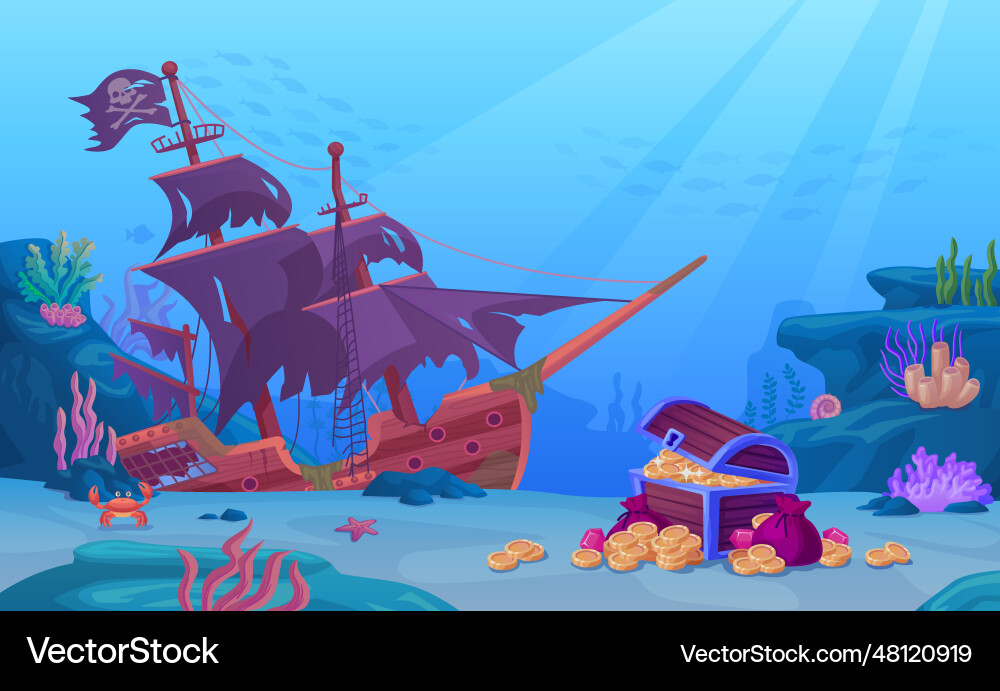 Sunken treasure ship with pirate treasures Sunken treasure ship with pirate treasures vector image