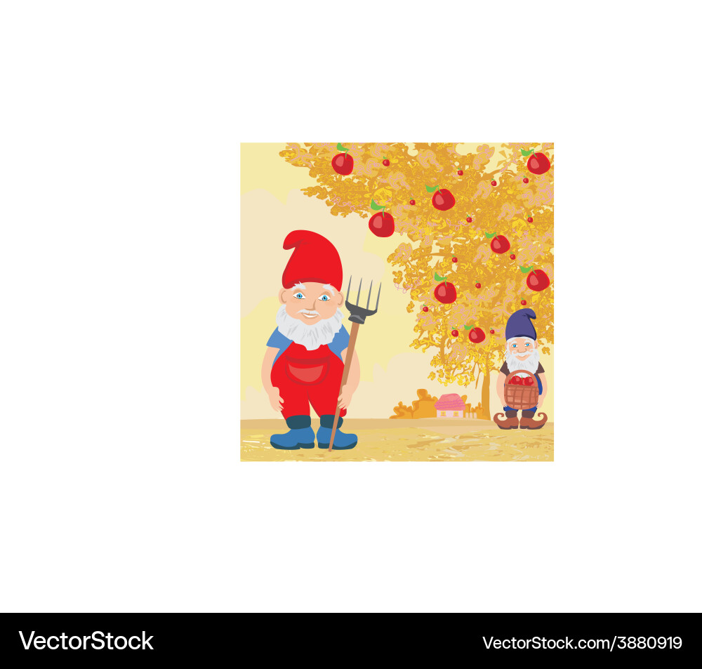 Two dwarfs and apple tree in autumn Vector Image