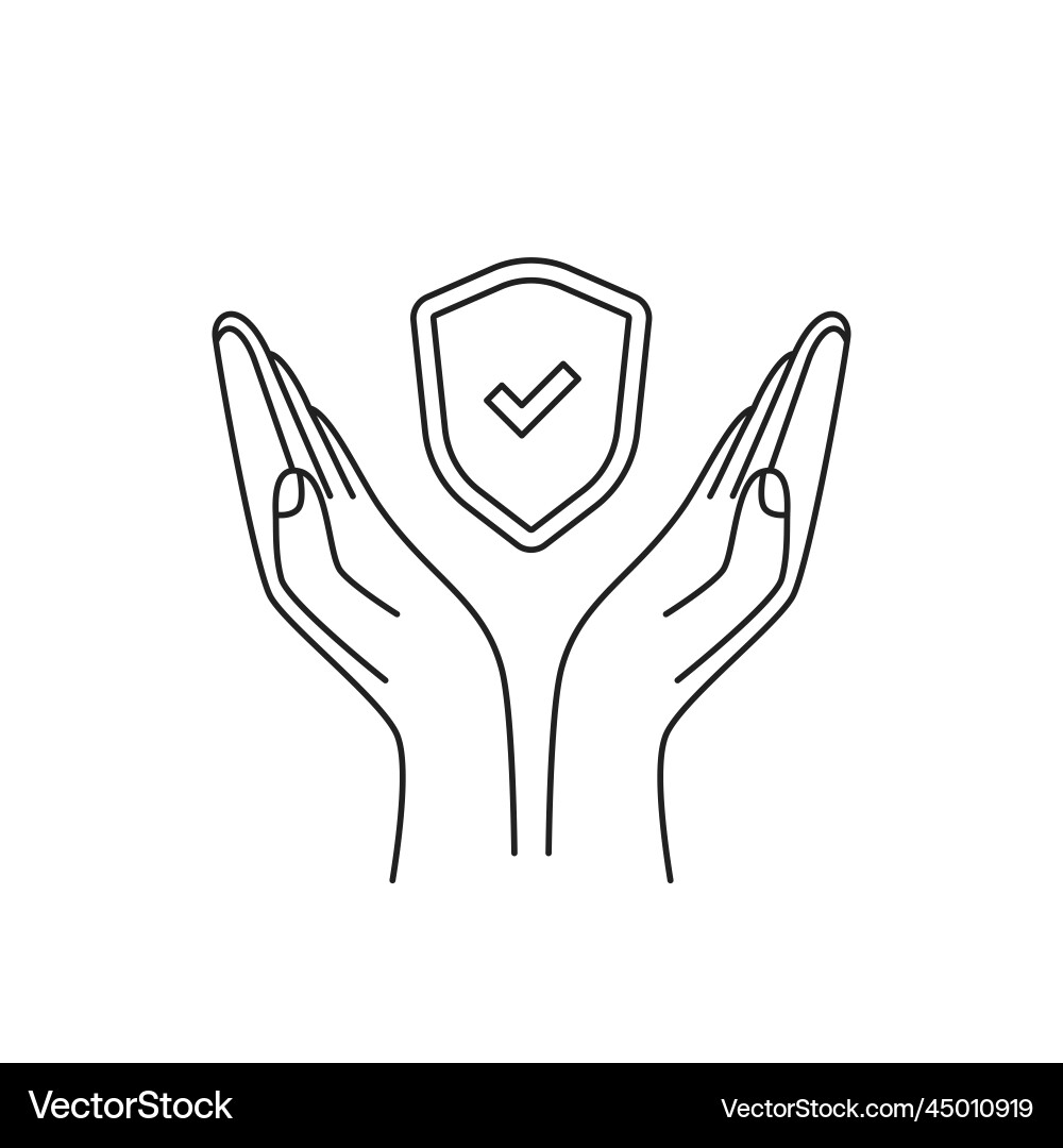 Two thin line hands with shield and tick icon Two thin line hands with shield and tick icon vector image