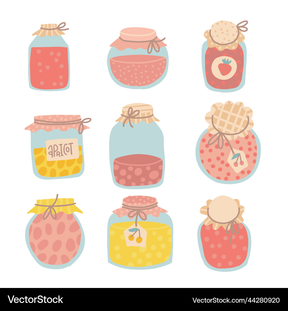 Jamjglass jars set collection of different types Jamjglass jars set collection of different types vector image