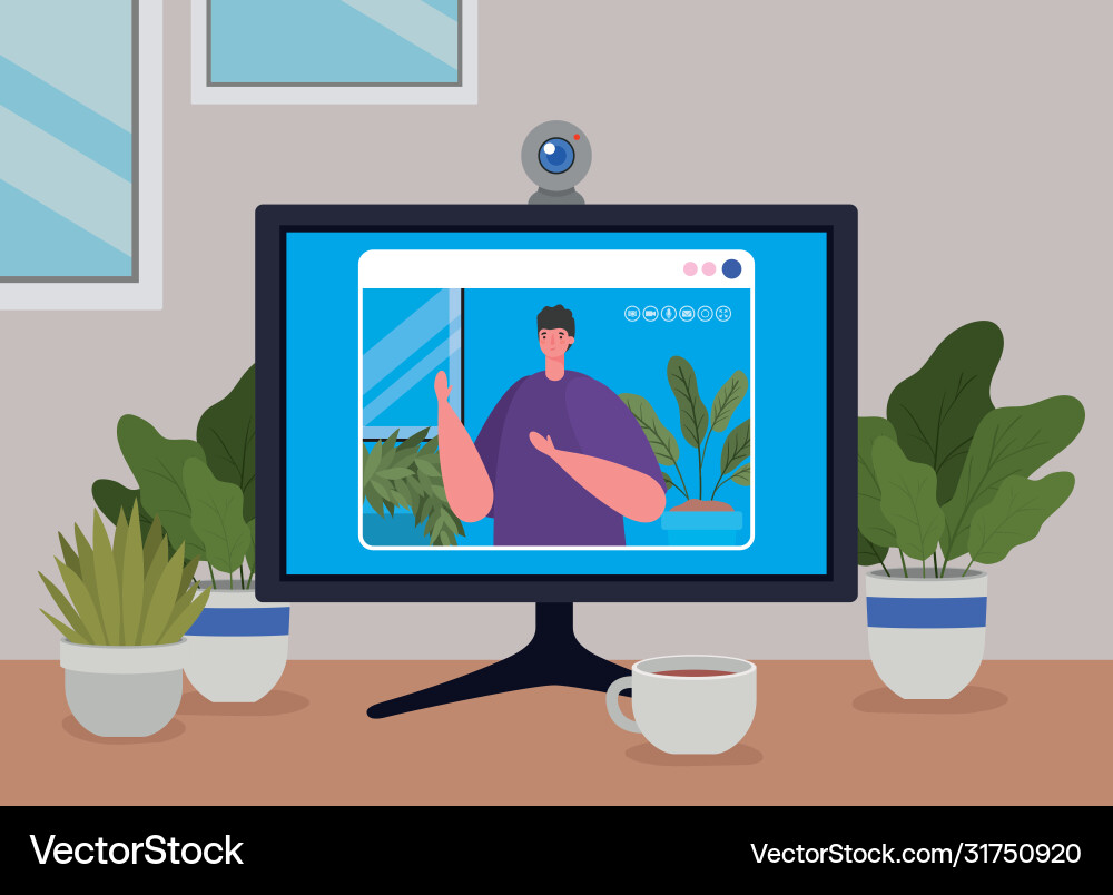 Man avatar on computer in video chat design vector image