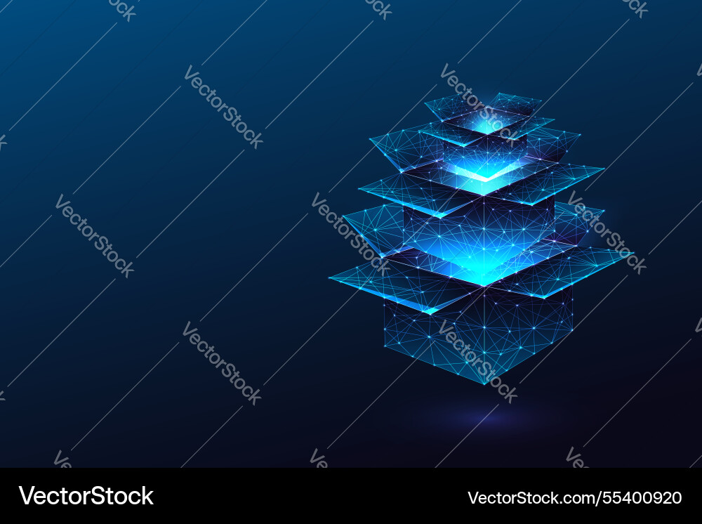 Stack of glowing open boxes representing complex Stack of glowing open boxes representing complex Vector Image