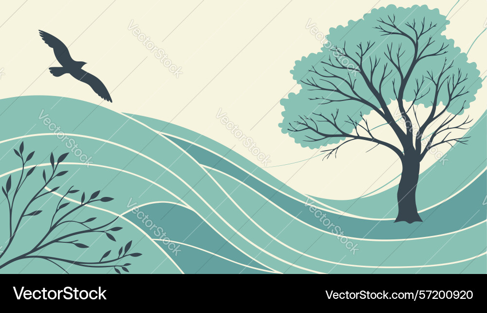 Tree on a rolling hill with soaring bird tranquil Vector Image