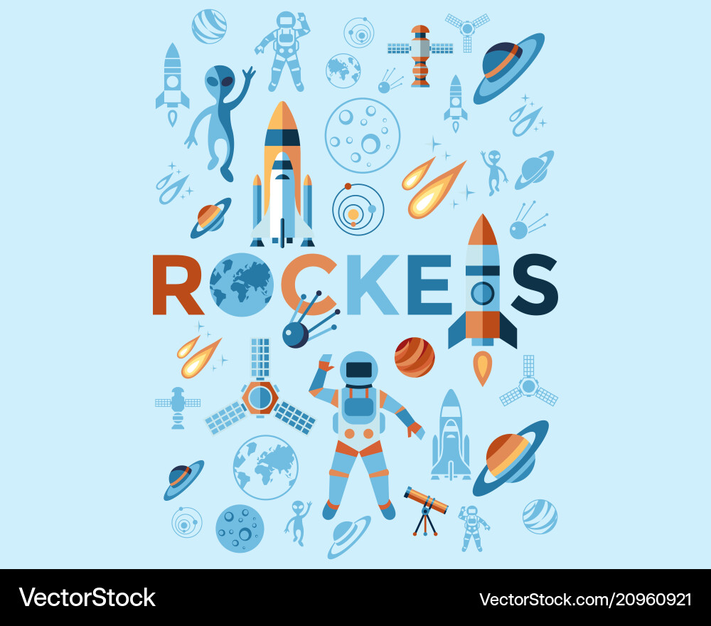 Digital line icons set space and rockets Vector Image