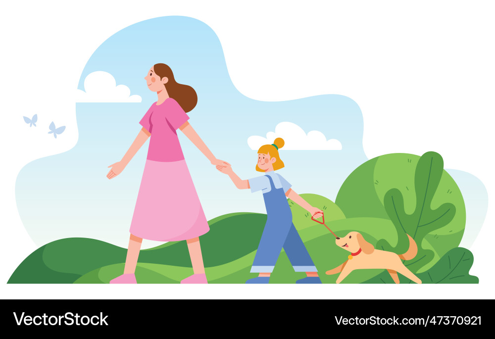 Mother daughter and dog walking in park vector image