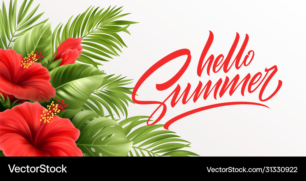 Hello summer handwriting lettering with tropical Hello summer handwriting lettering with tropical vector image