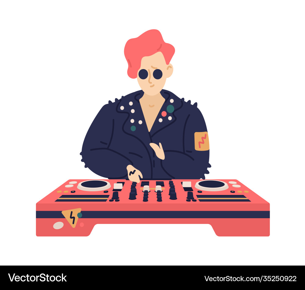 Young hipster female disc jockey play electronic Young hipster female disc jockey play electronic vector image