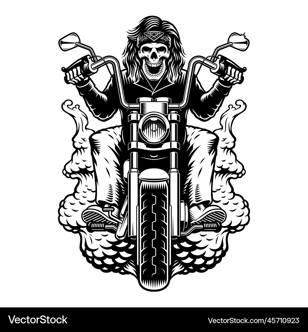 Black and white of a biker skeleton Vector Image