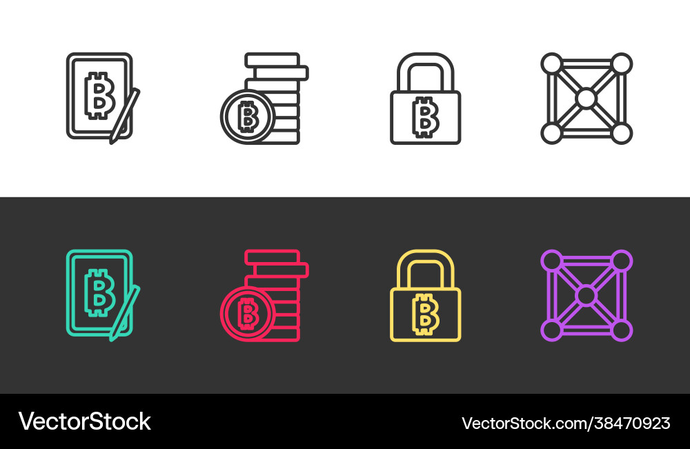Set line mining bitcoin from tablet lock Set line mining bitcoin from tablet lock vector image