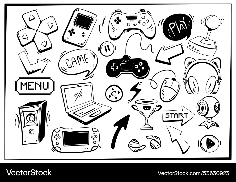 Set of video game doodle elements black and white Vector Image