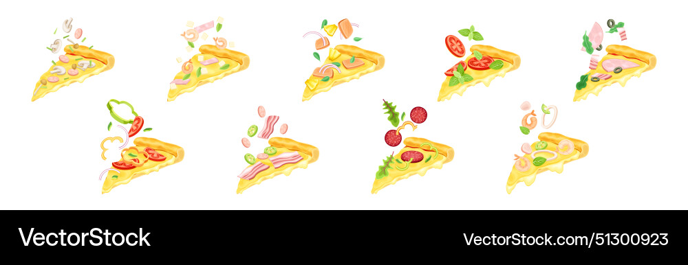 Tasty pizza slice cut float with topping Tasty pizza slice cut float with topping Vector Image