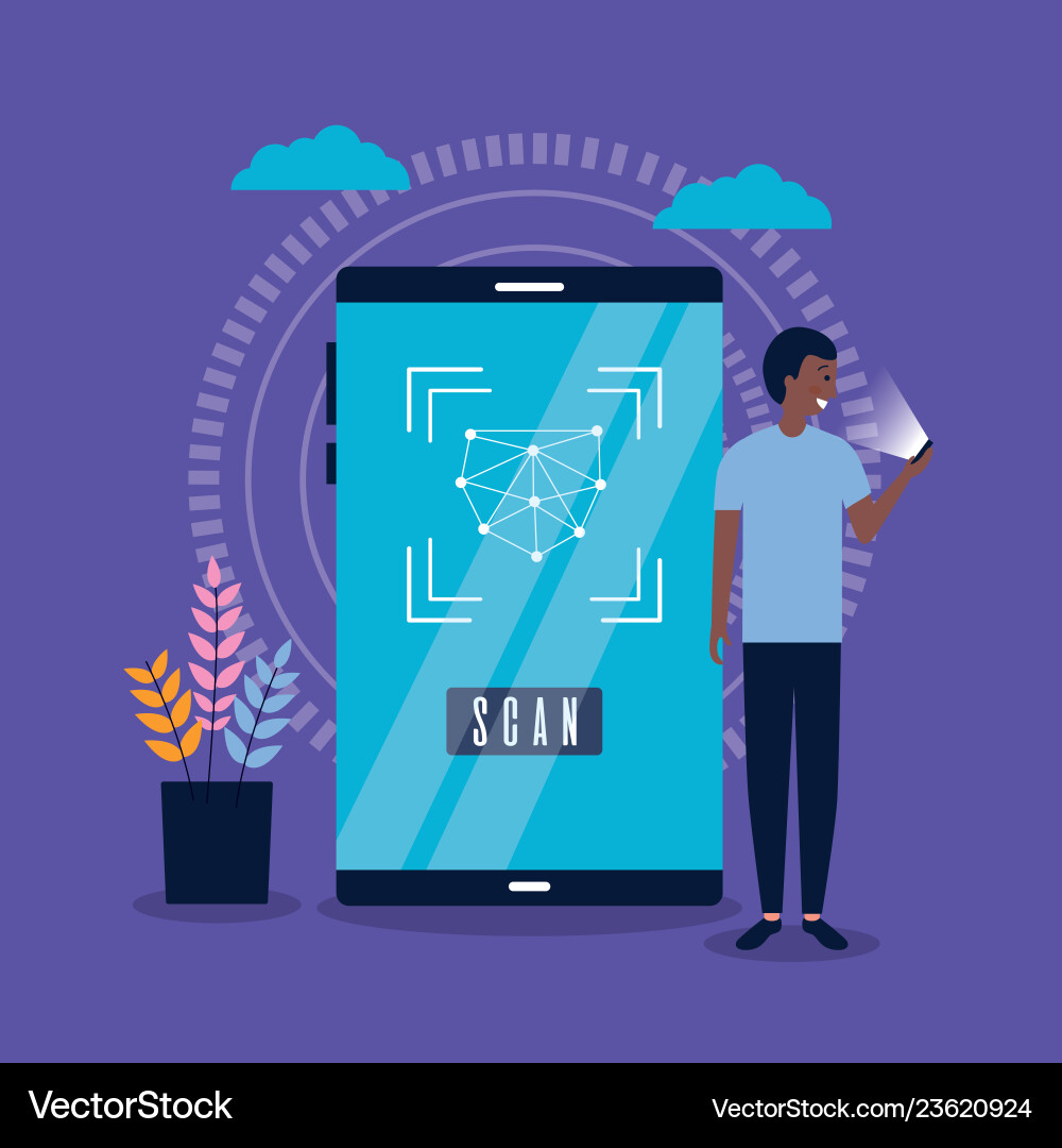 Man using mobile biometric face scan Man using mobile biometric face scan vector image