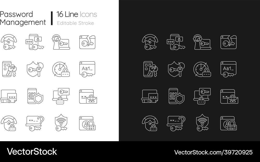 Password management linear icons set for dark Password management linear icons set for dark vector image