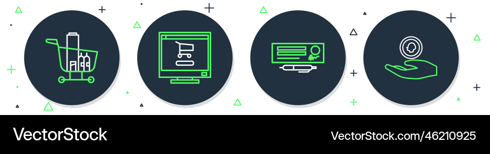 Set line shopping cart on computer bank check Set line shopping cart on computer bank check vector image