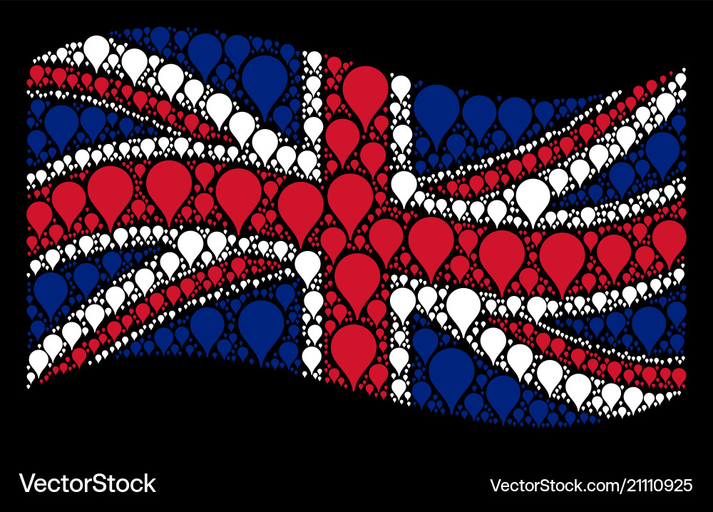 Waving great britain flag pattern of map pointer Waving great britain flag pattern of map pointer Vector Image