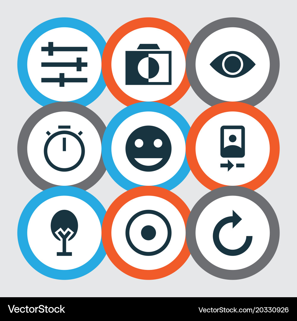Image icons set with camera front remove red eye vector image
