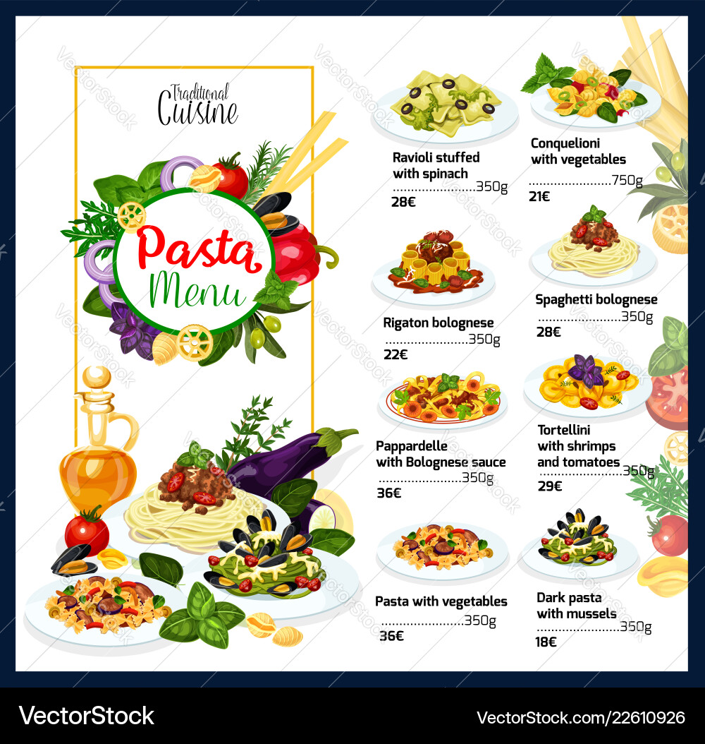 Italian cuisine traditional pasta dishes menu Italian cuisine traditional pasta dishes menu vector image