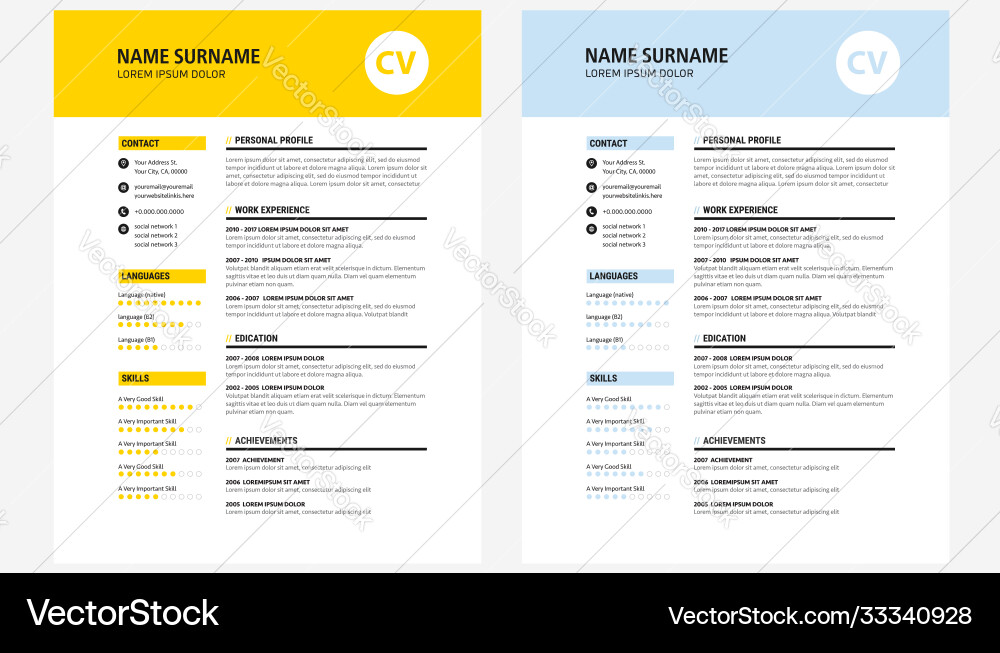 Cv resume design template yellow and dark blue Vector Image