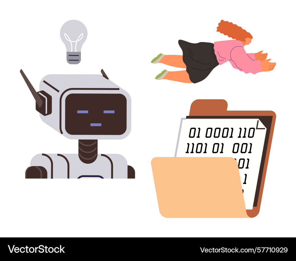 Robot with ideas binary code document and flying Robot with ideas binary code document and flying vector image