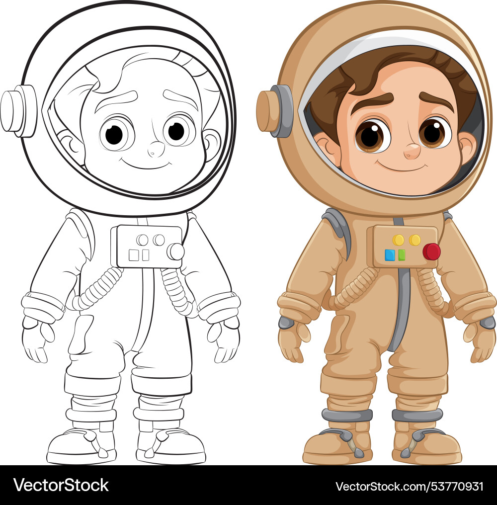 Adorable astronaut in color and outline versions Adorable astronaut in color and outline versions vector image