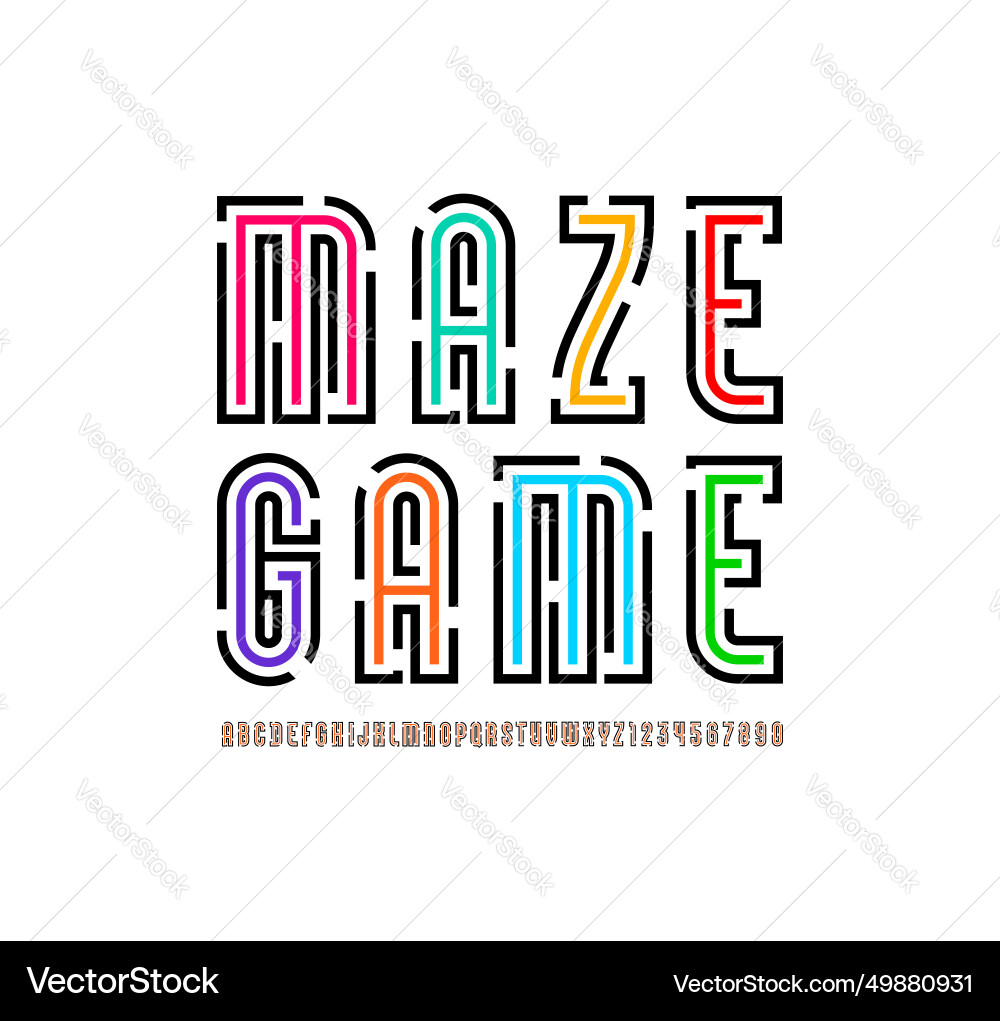 Maze font from gap line alphabet with labyrinth Maze font from gap line alphabet with labyrinth vector image