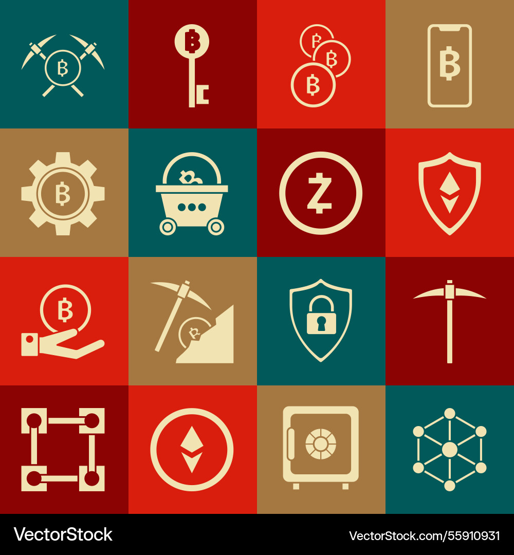 Set blockchain technology pickaxe shield ethereum Vector Image