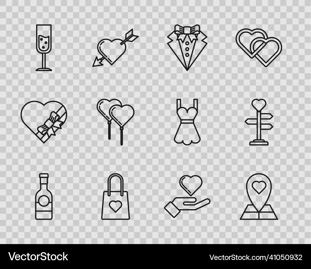 Set line champagne bottle map pointer with heart Set line champagne bottle map pointer with heart vector image