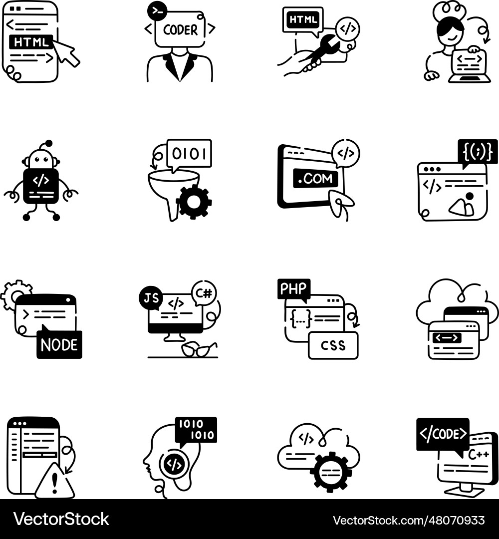 Bundle of programming hand drawn icons vector image