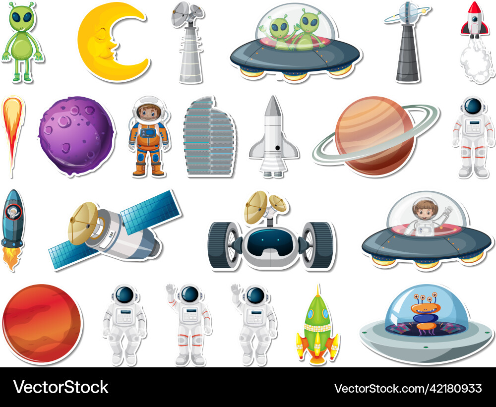 Sticker set of outer space objects and astronauts Sticker set of outer space objects and astronauts vector image