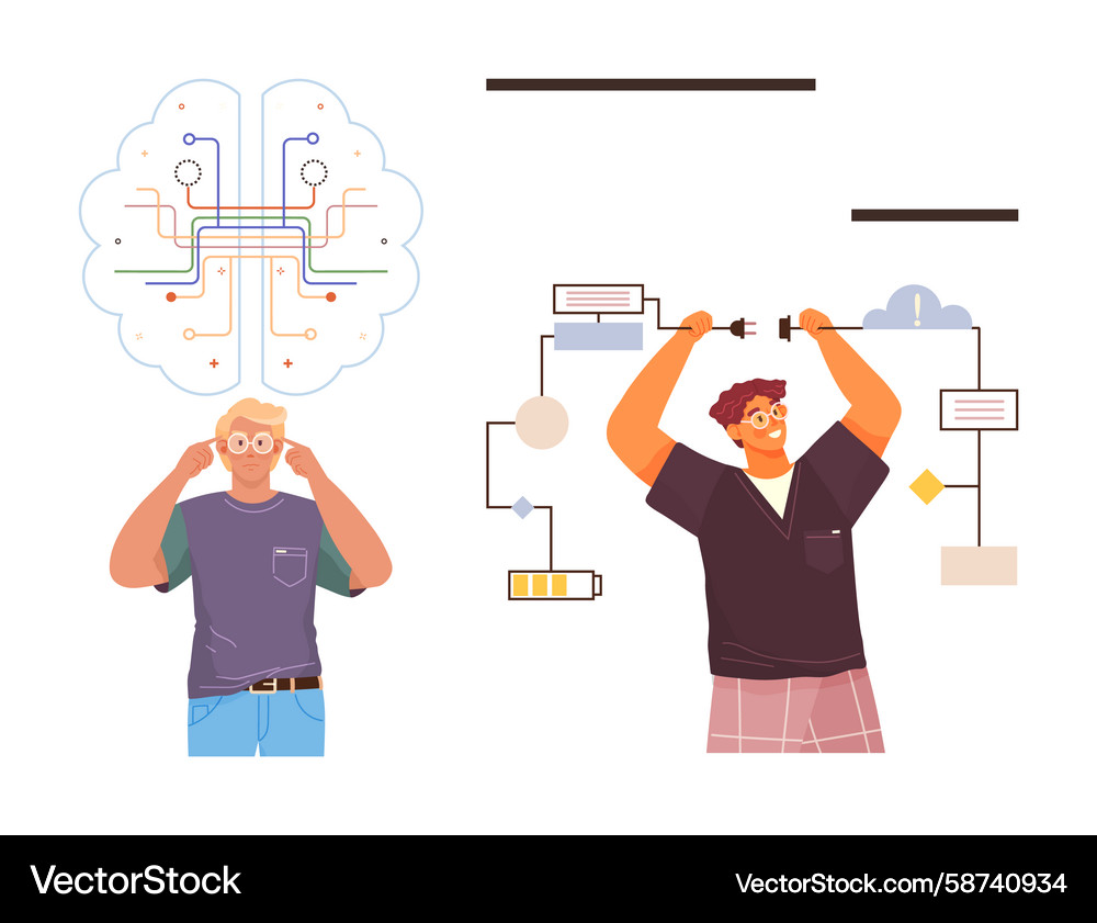 Two individuals conceptualizing ideas using neural Two individuals conceptualizing ideas using neural Vector Image