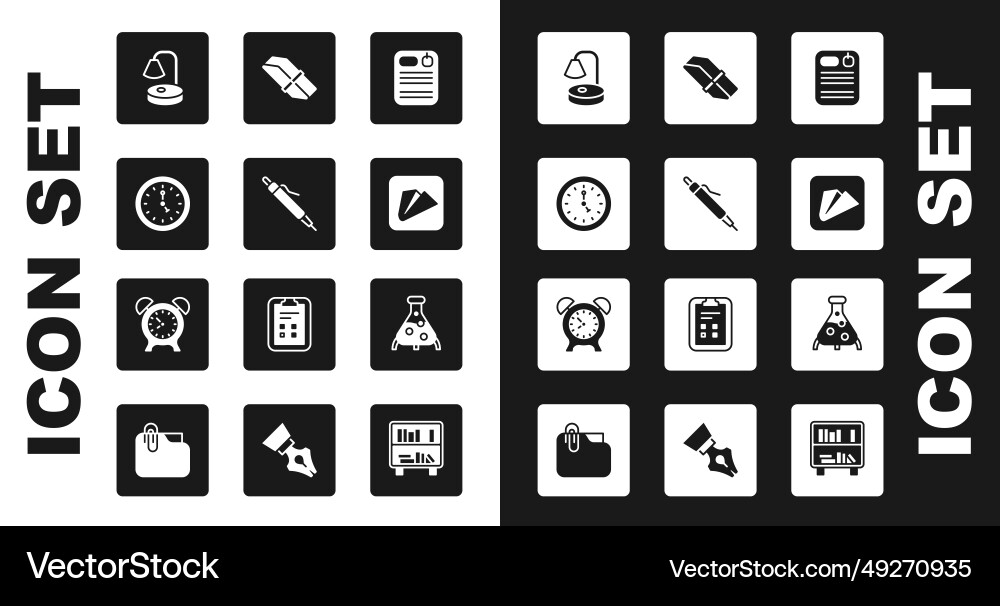 Set dossier folder pen clock table lamp paper Set dossier folder pen clock table lamp paper vector image