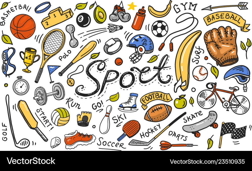 Set sport icons doodle style equipment Set sport icons doodle style equipment vector image