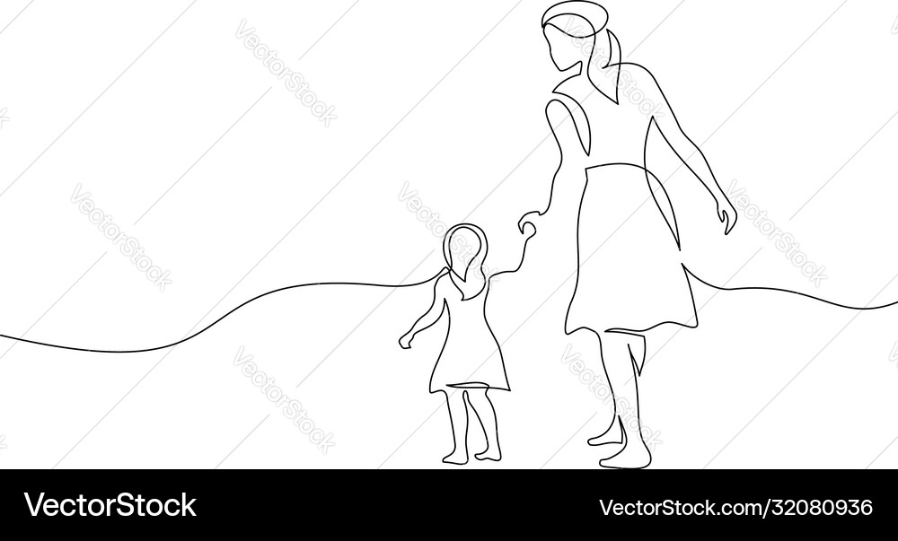 Mutter und Tochter gehen zusammen eine Linie Mutter und Tochter gehen zusammen eine Linie vektorbild