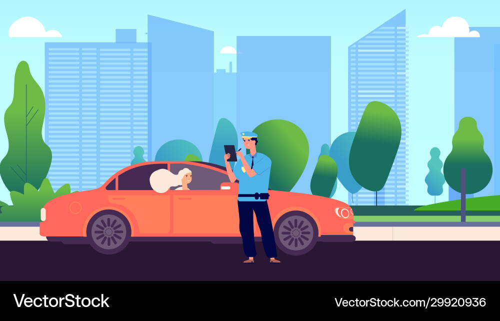 Policeman and female driver car inspector write Vector Image