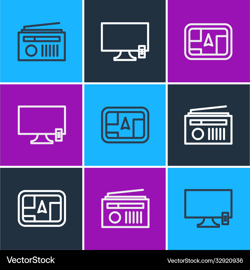 Set line radio with antenna gps device map Set line radio with antenna gps device map vector image