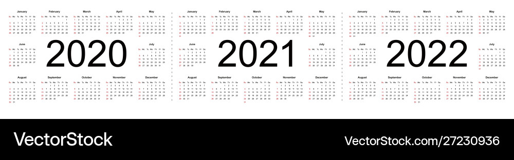 Simple calendar layout for 2020 2021 and 2022 Simple calendar layout for 2020 2021 and 2022 vector image