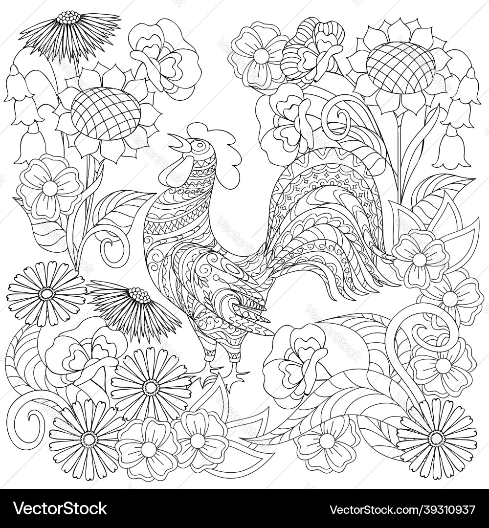 Hand drawn decorated rooster into flowers Vector Image