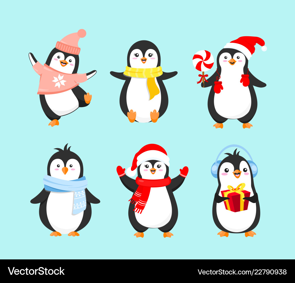 Cute Penguins in Winter Clothes Vector Image