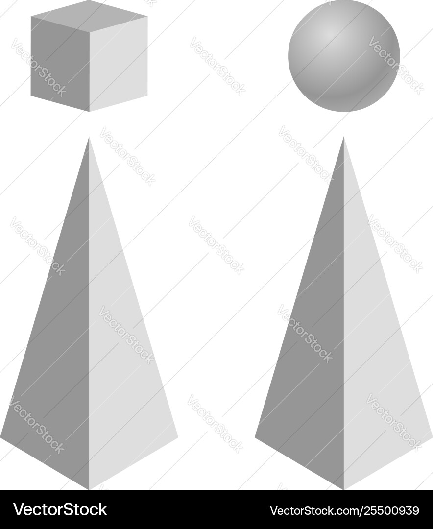 Cone pyramid with cube and sphere at top vector image