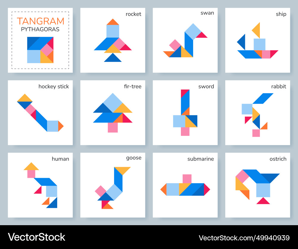 Tangram pythagoras Puzzle mit Objekten Vektorbild