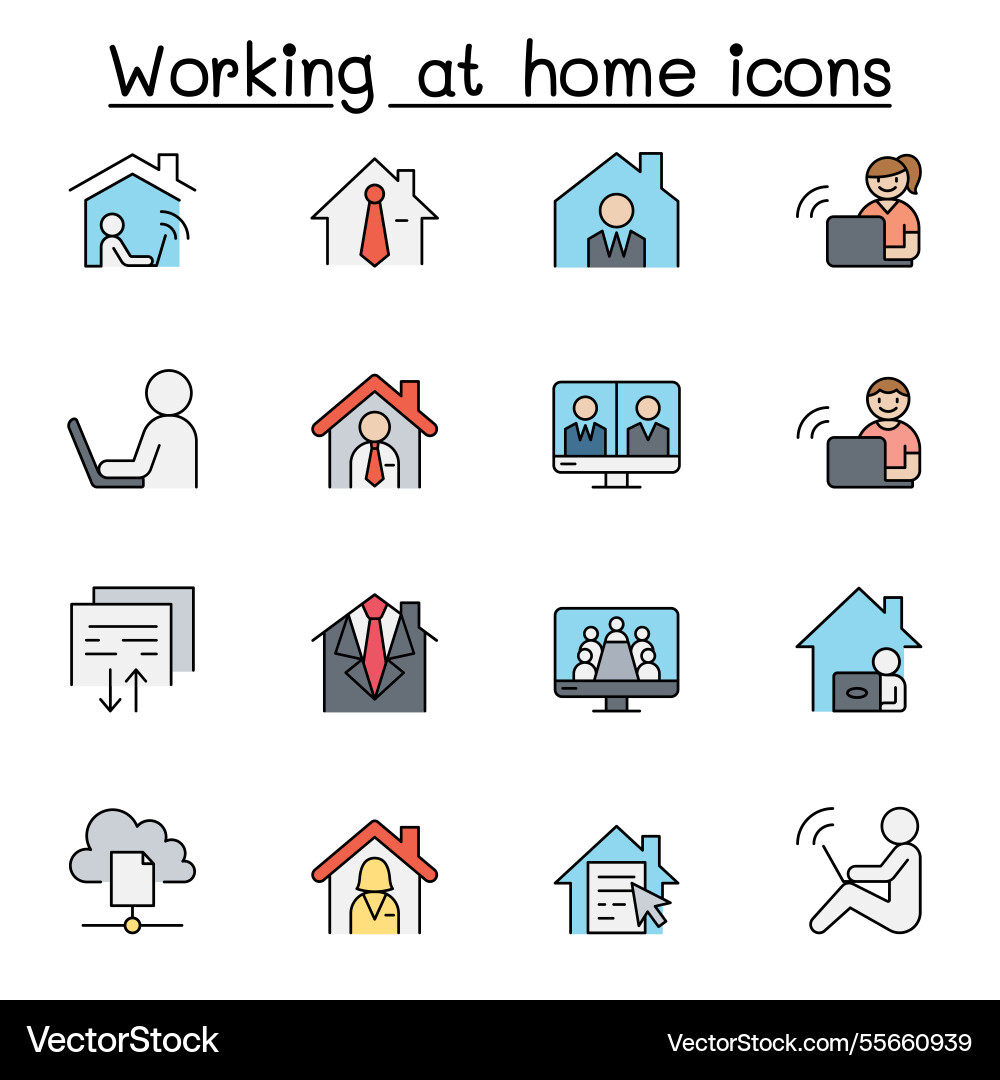 Working at home icon set color line style Working at home icon set color line style vector image